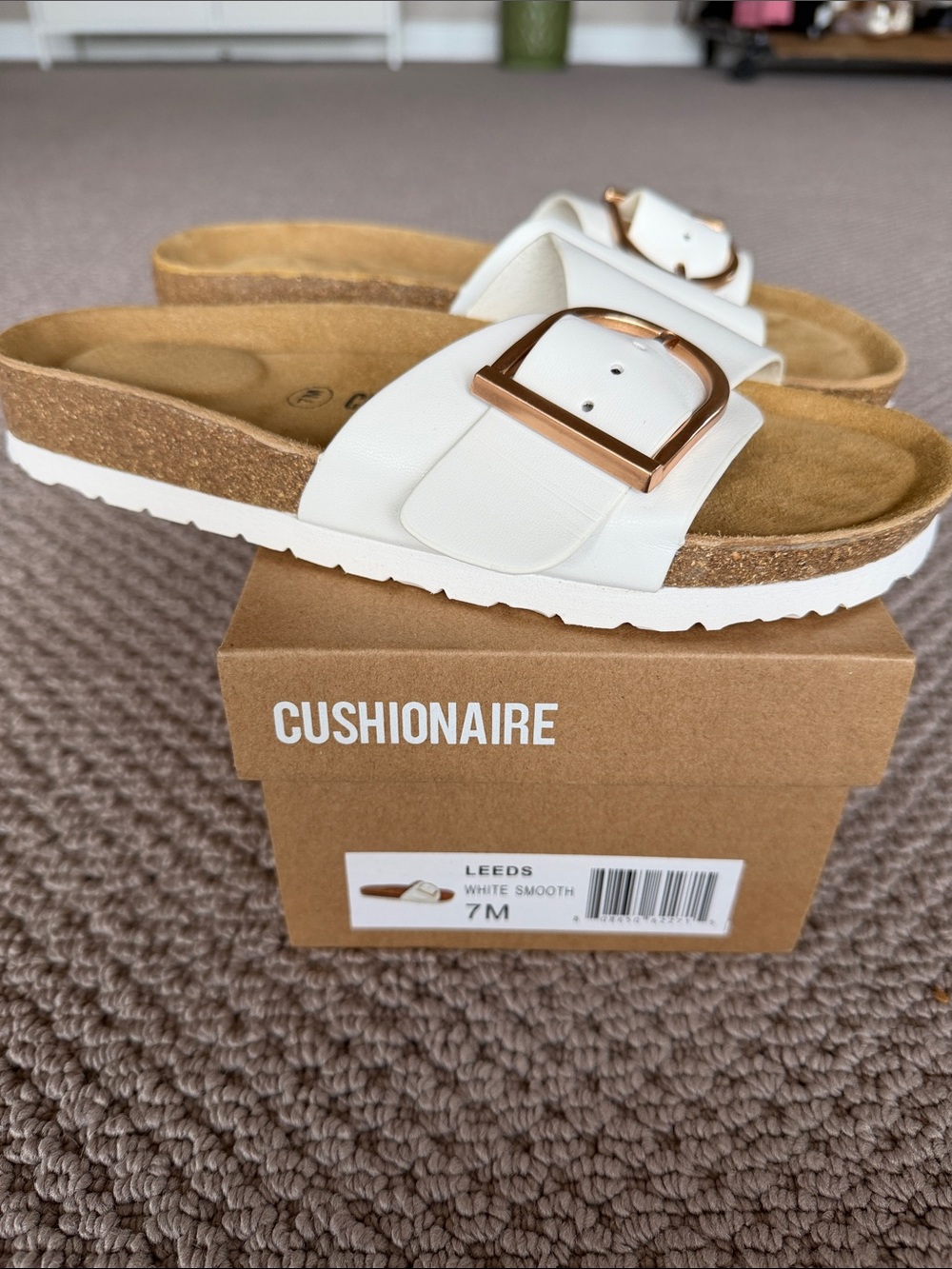 Cushionaire Leeds White Slide Sandals with Rose-Gold Buckles